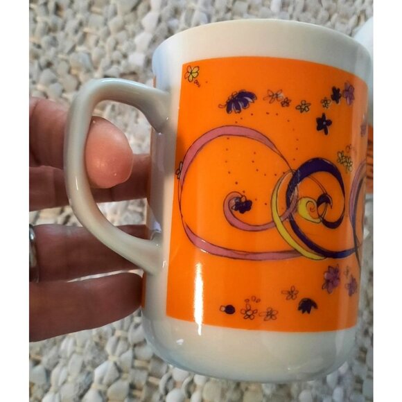 Vintage Japanese Ceramic Coffee Mug Set - Vibrant‎ Orange & Floral Design - Picture 6 of 8